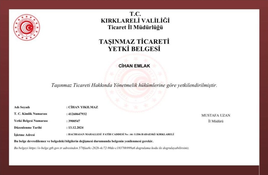 Cihan Emlak Taşınmaz Ticareti Yetki Belgesi